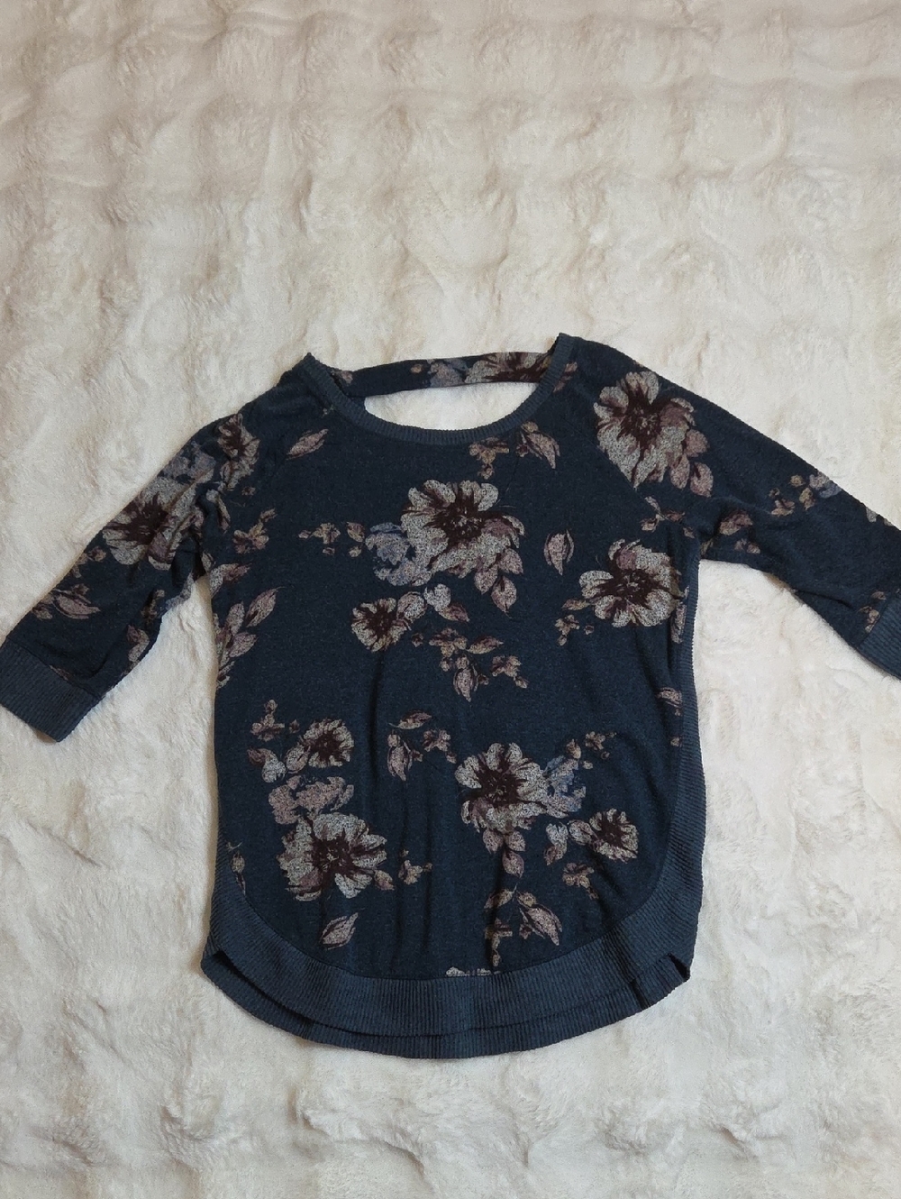 Maurices Dark Teal Floral Knit Top with Blush and Taupe Flowers